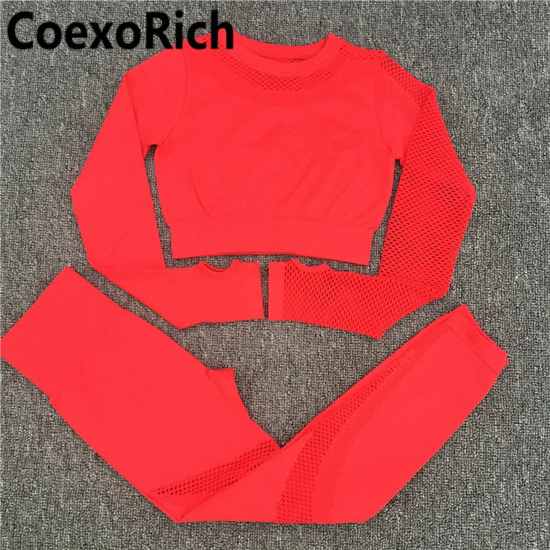 Yoga Set Women Fitness Gym Clothing Sport Suit Seamless Hollow Out Long Sleeve Crop Top High Waist Workout Leggings Sportwear