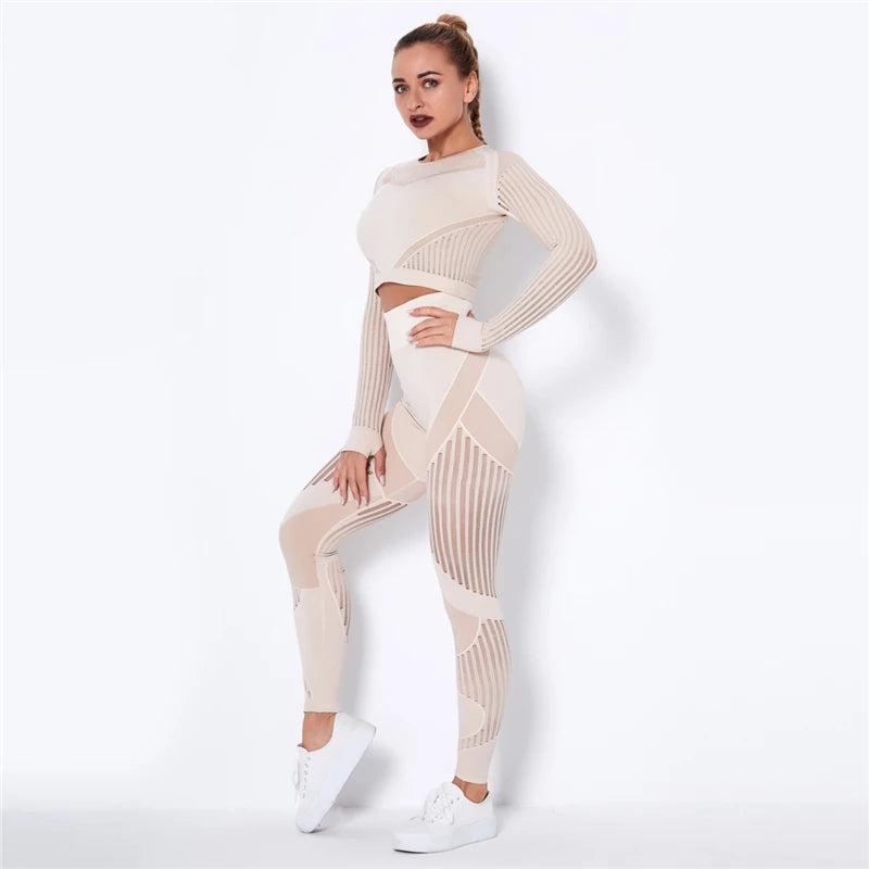 Women Workout Fitness Outfits Hollow Mesh Sports Sets Running Set High Waist Gym Sets Energy Seamless Yoga Suits New 2 Pcs Sets