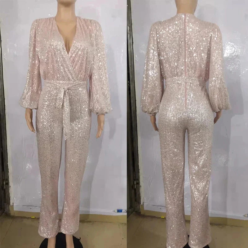 Shimmering Sequin V-Neck Glamour Jumpsuit