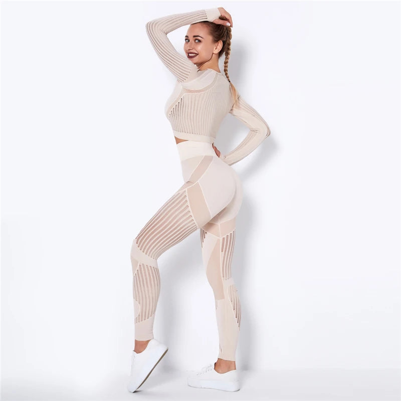Women Workout Fitness Outfits Hollow Mesh Sports Sets Running Set High Waist Gym Sets Energy Seamless Yoga Suits New 2 Pcs Sets