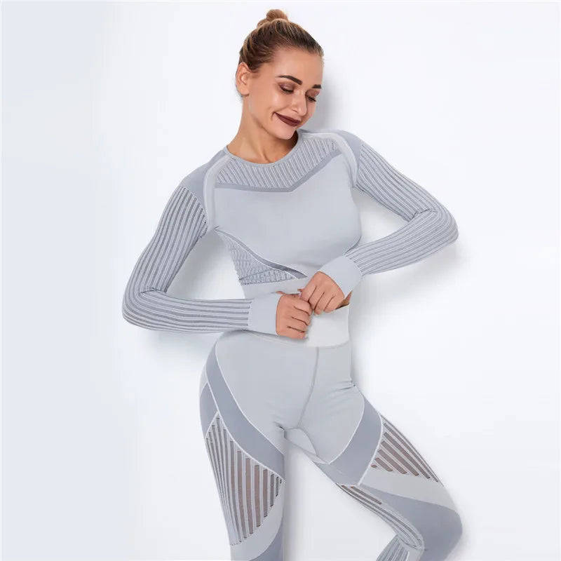 Women Workout Fitness Outfits Hollow Mesh Sports Sets Running Set High Waist Gym Sets Energy Seamless Yoga Suits New 2 Pcs Sets