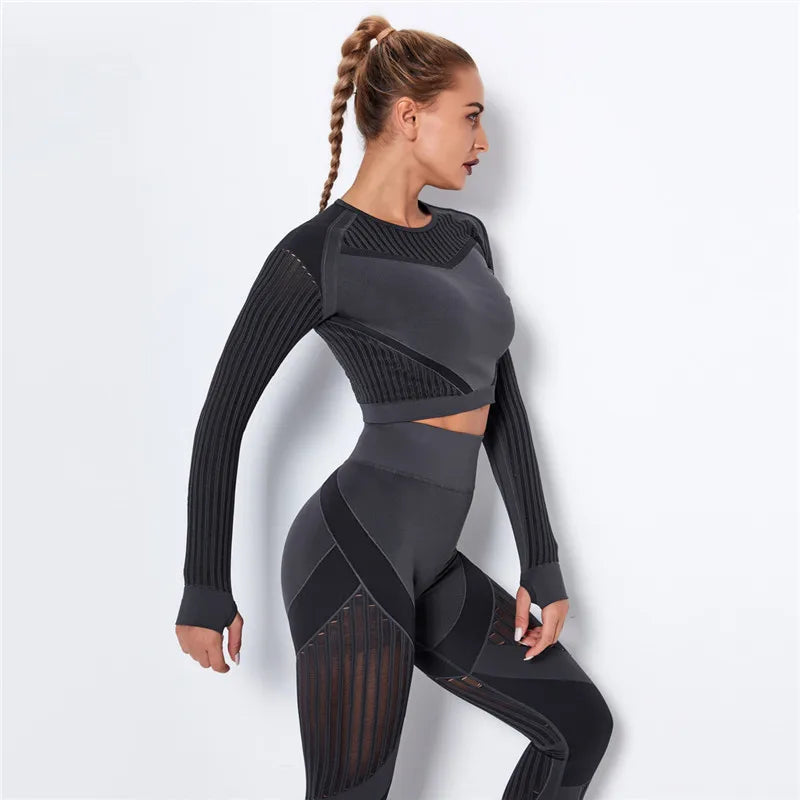 Women Workout Fitness Outfits Hollow Mesh Sports Sets Running Set High Waist Gym Sets Energy Seamless Yoga Suits New 2 Pcs Sets