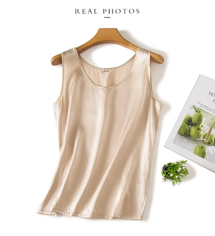 Tank Tops Women 100% Real Silk Blouse Sleeveless Shirts Satin Tunic Tops Summer Loose Casual Solid Plus Size S-XXL