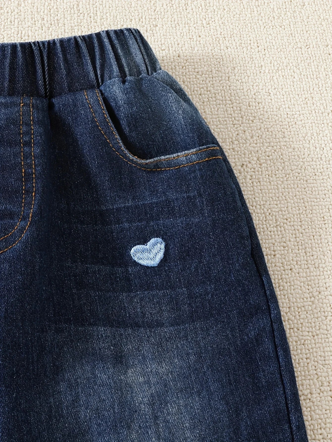 Heart Embroidered Girls Denim Pants