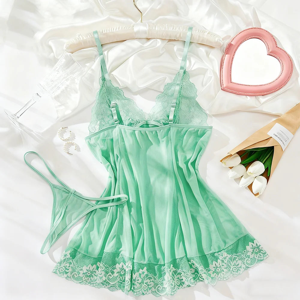 Women Suspender Midi Lingerie Nightwear Set