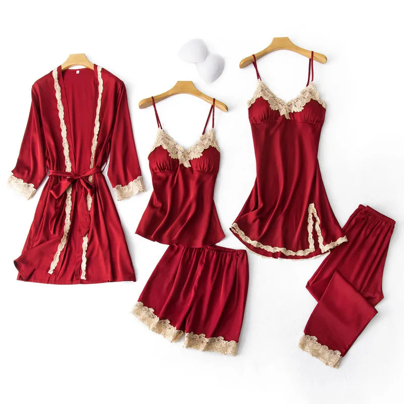 Satin Lace Five Piece Pajamas