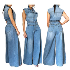 Sleeveless Wide-Leg Denim Jumpsuit