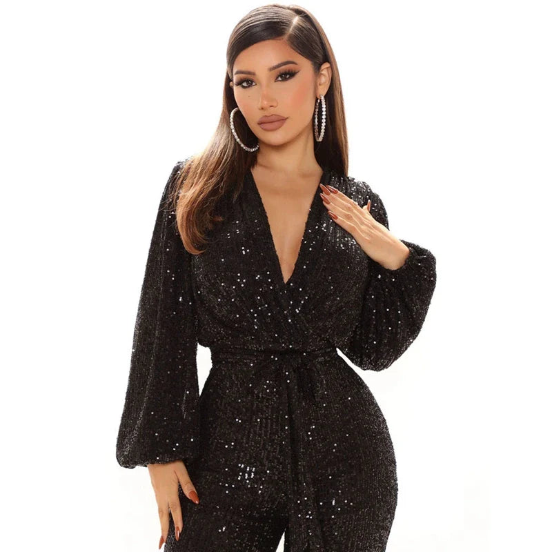 Shimmering Sequin V-Neck Glamour Jumpsuit
