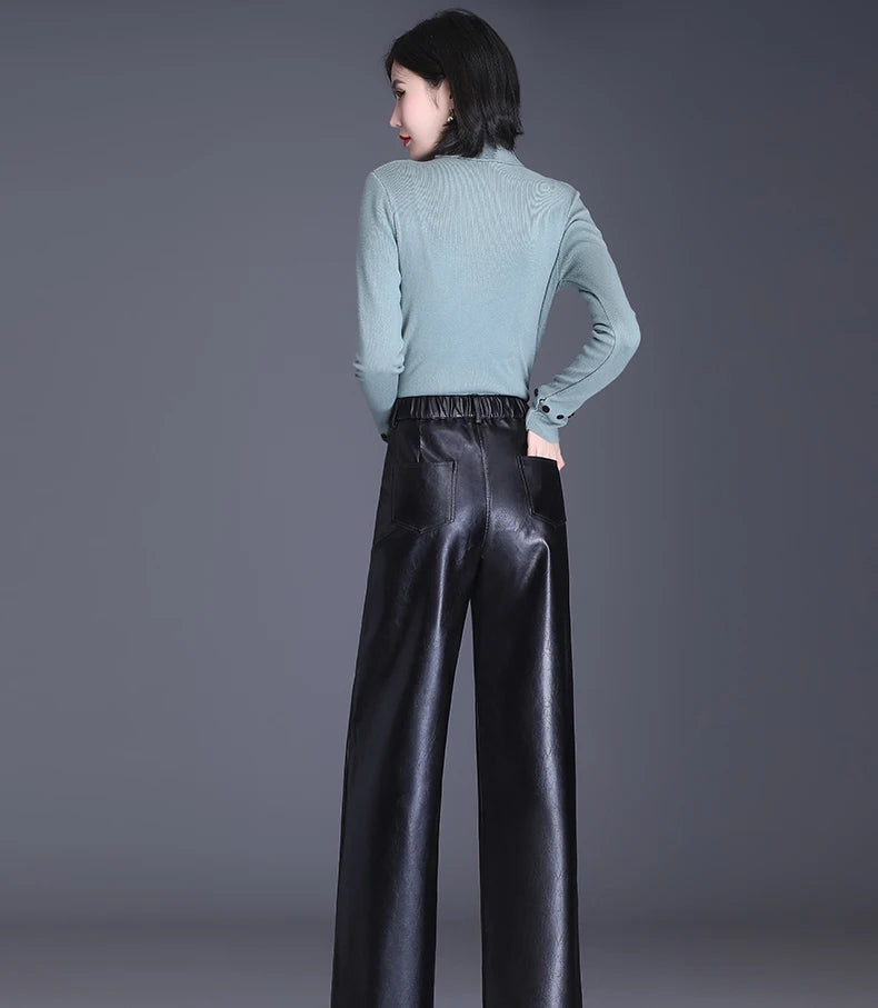 Wide Leg PU Leather Pants