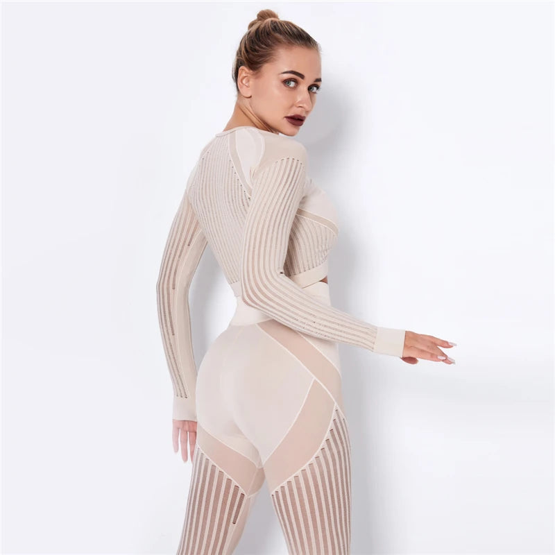 Women Workout Fitness Outfits Hollow Mesh Sports Sets Running Set High Waist Gym Sets Energy Seamless Yoga Suits New 2 Pcs Sets