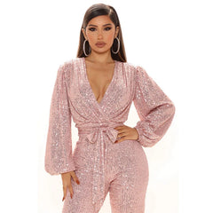 Shimmering Sequin V-Neck Glamour Jumpsuit