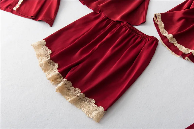 Satin Lace Five Piece Pajamas