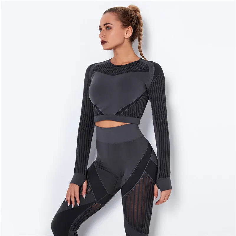 Women Workout Fitness Outfits Hollow Mesh Sports Sets Running Set High Waist Gym Sets Energy Seamless Yoga Suits New 2 Pcs Sets