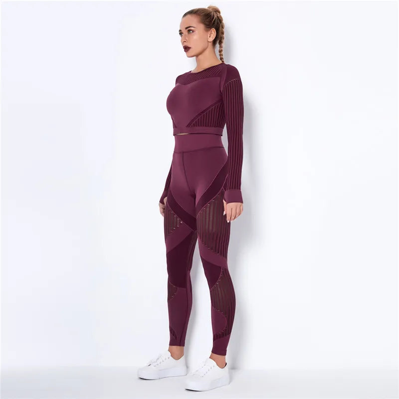 Women Workout Fitness Outfits Hollow Mesh Sports Sets Running Set High Waist Gym Sets Energy Seamless Yoga Suits New 2 Pcs Sets
