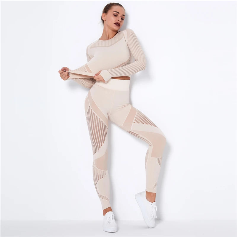 Women Workout Fitness Outfits Hollow Mesh Sports Sets Running Set High Waist Gym Sets Energy Seamless Yoga Suits New 2 Pcs Sets