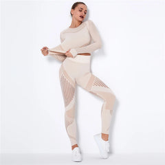 Women Workout Fitness Outfits Hollow Mesh Sports Sets Running Set High Waist Gym Sets Energy Seamless Yoga Suits New 2 Pcs Sets