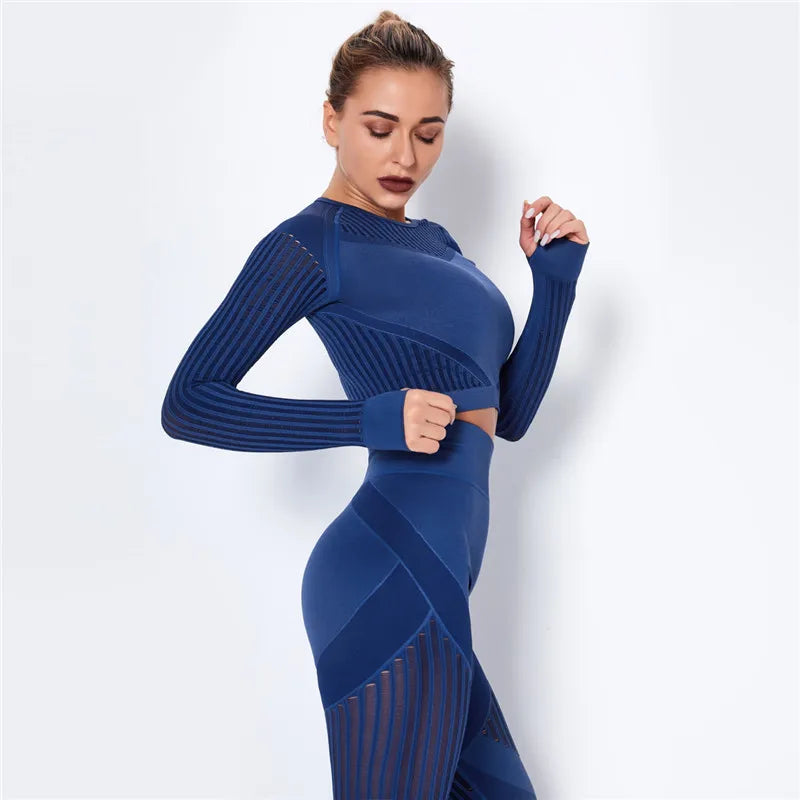 Women Workout Fitness Outfits Hollow Mesh Sports Sets Running Set High Waist Gym Sets Energy Seamless Yoga Suits New 2 Pcs Sets