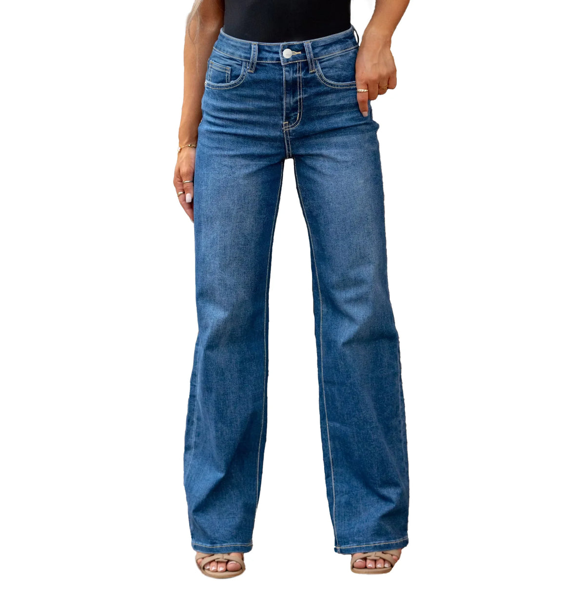 High Quality Vintage Women's Straight Denim Pants Slight Stretchy Pockets Wide Leg Trousers High Waist Loose Lady Long Jeans