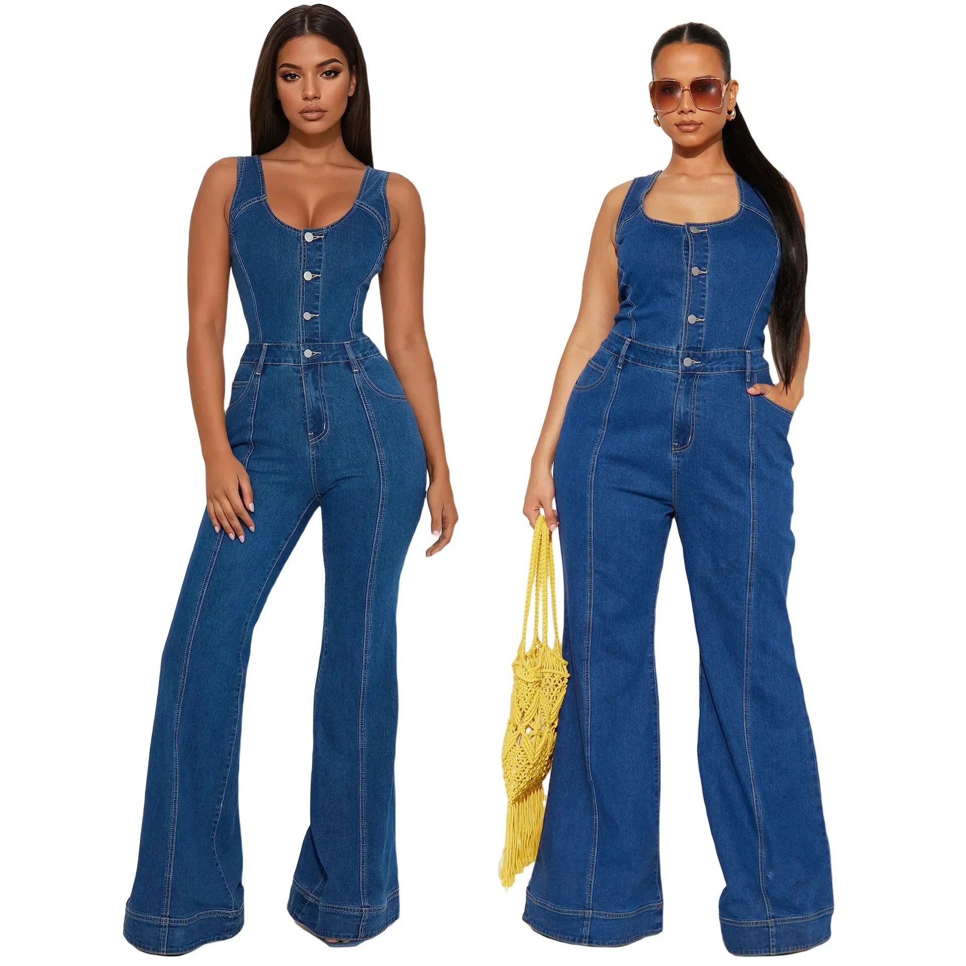Wide Leg Denim Strap Jumpsuit