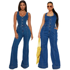 Wide Leg Denim Strap Jumpsuit