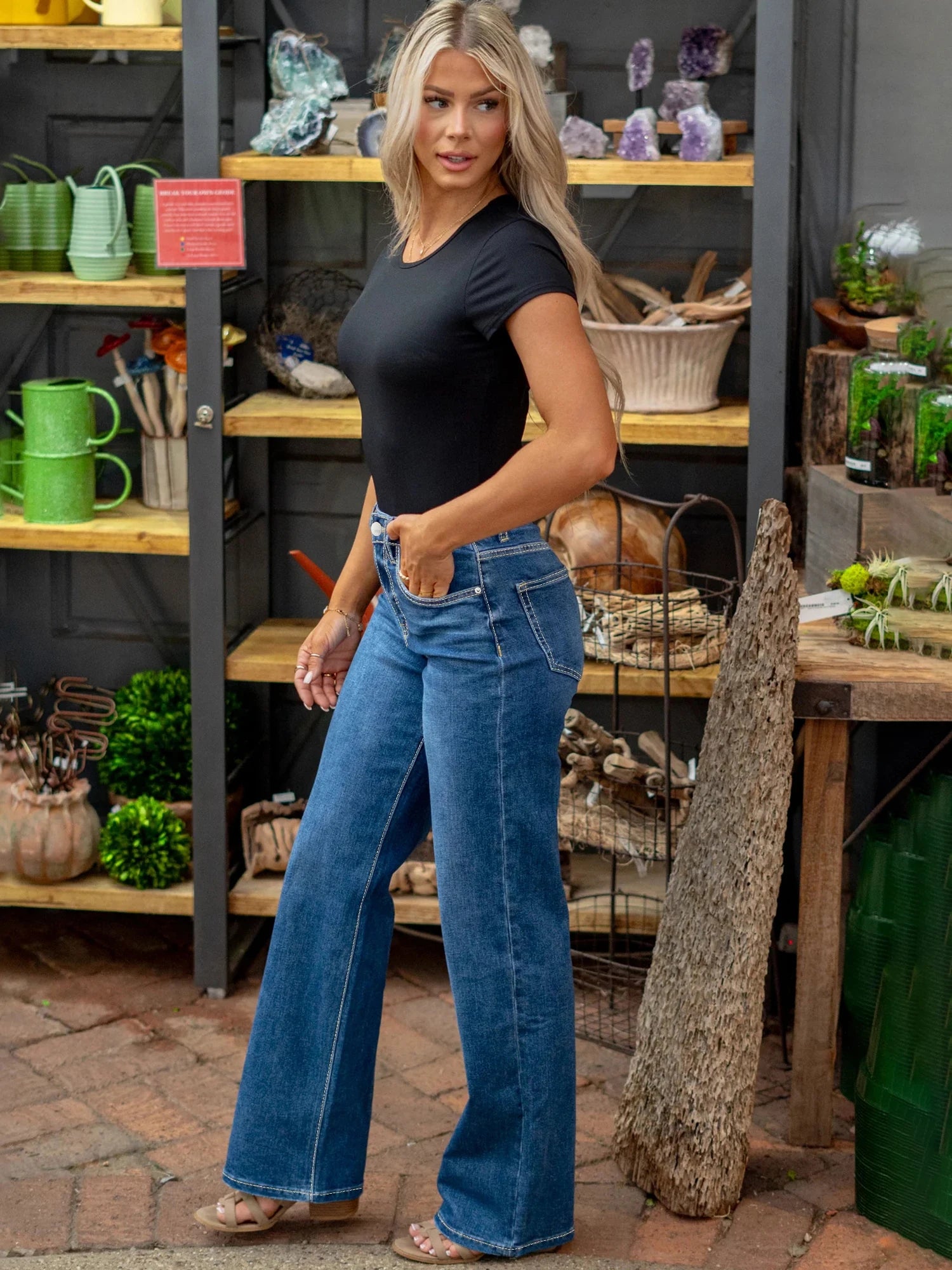 High Quality Vintage Women's Straight Denim Pants Slight Stretchy Pockets Wide Leg Trousers High Waist Loose Lady Long Jeans