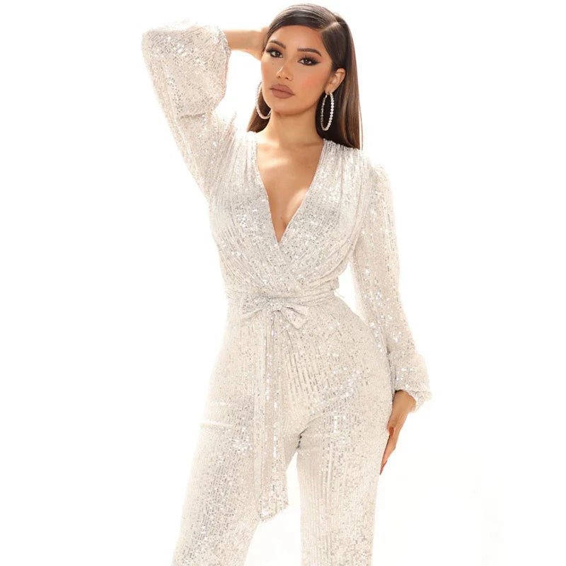 Shimmering Sequin V-Neck Glamour Jumpsuit