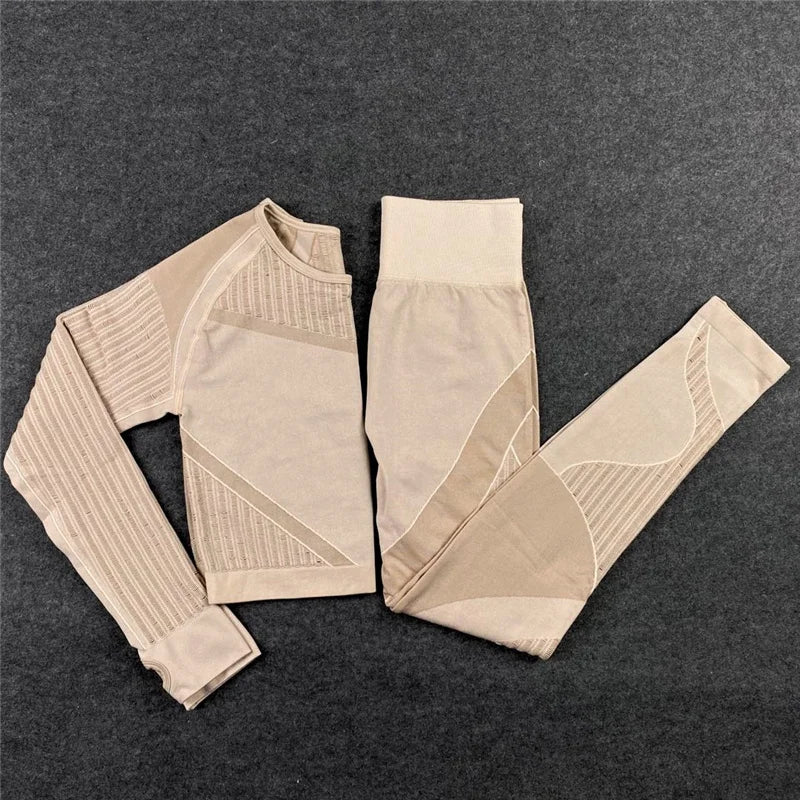 Women Workout Fitness Outfits Hollow Mesh Sports Sets Running Set High Waist Gym Sets Energy Seamless Yoga Suits New 2 Pcs Sets
