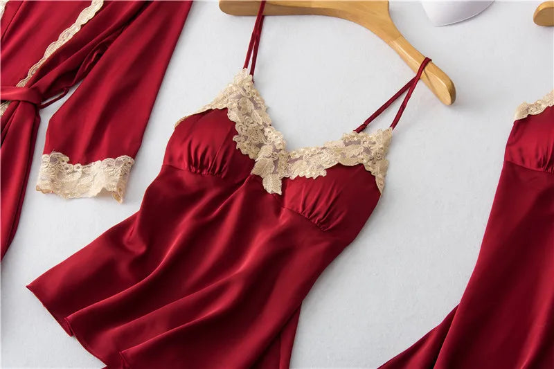 Satin Lace Five Piece Pajamas