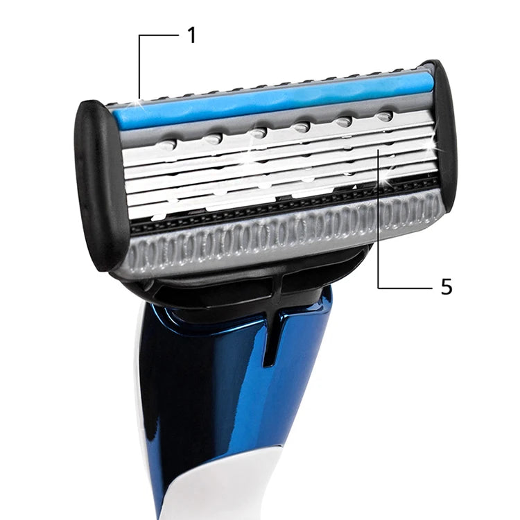 QShave Blue Series 5 Layer USA Blade Manual Razor Mens Shaving Razor with 6 Pieces X5 Blade and each Piece has trimmer Blade