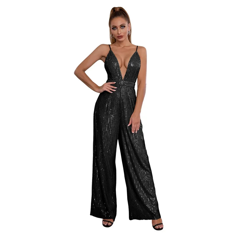 Elegant Backless Sequin Halter Jumpsuit