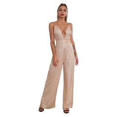 Elegant Backless Sequin Halter Jumpsuit
