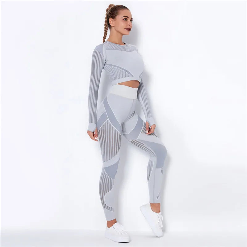 Women Workout Fitness Outfits Hollow Mesh Sports Sets Running Set High Waist Gym Sets Energy Seamless Yoga Suits New 2 Pcs Sets