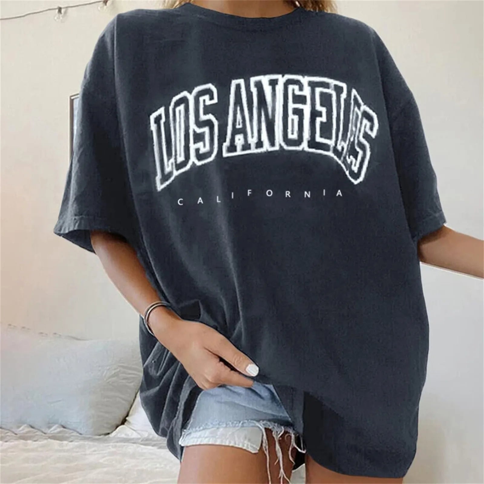 Fashion Women's T-shirts LOS ANGELES Letter Prints T Shirt Women 2021 O-Neck Oversized Loose Short Sleeve Summer Tops Streetwear