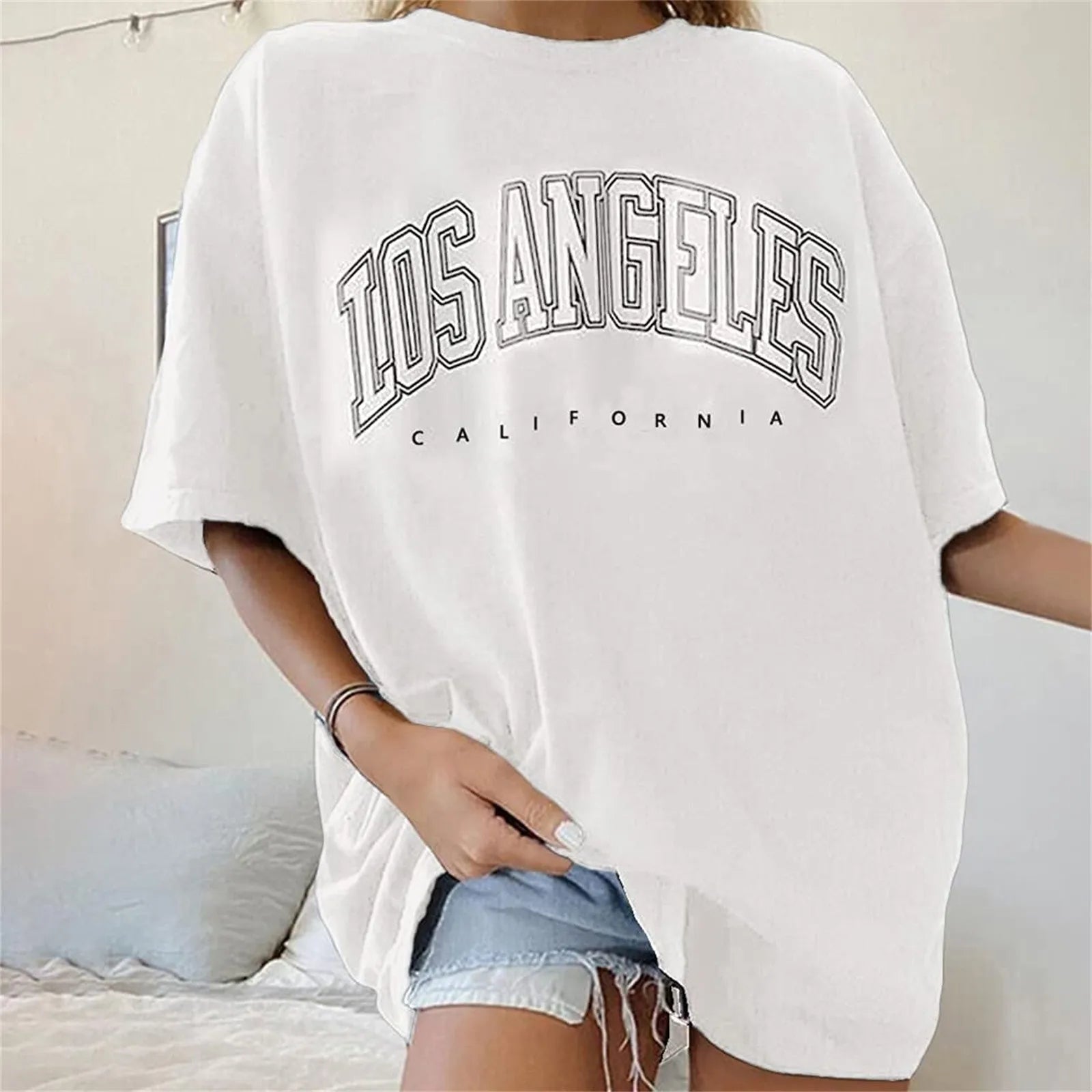 Fashion Women's T-shirts LOS ANGELES Letter Prints T Shirt Women 2021 O-Neck Oversized Loose Short Sleeve Summer Tops Streetwear