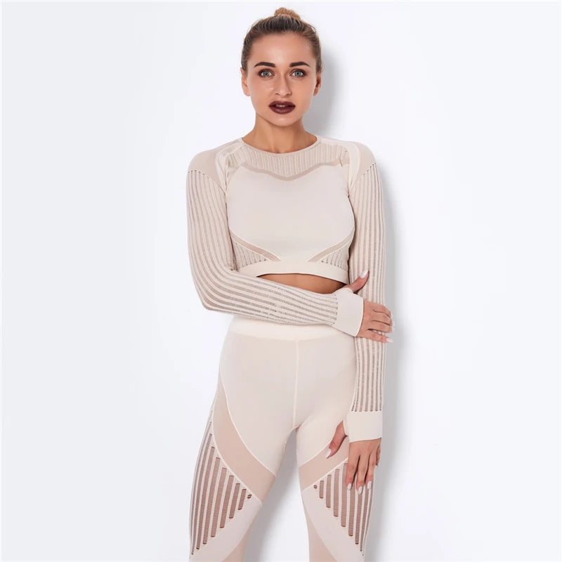 Women Workout Fitness Outfits Hollow Mesh Sports Sets Running Set High Waist Gym Sets Energy Seamless Yoga Suits New 2 Pcs Sets