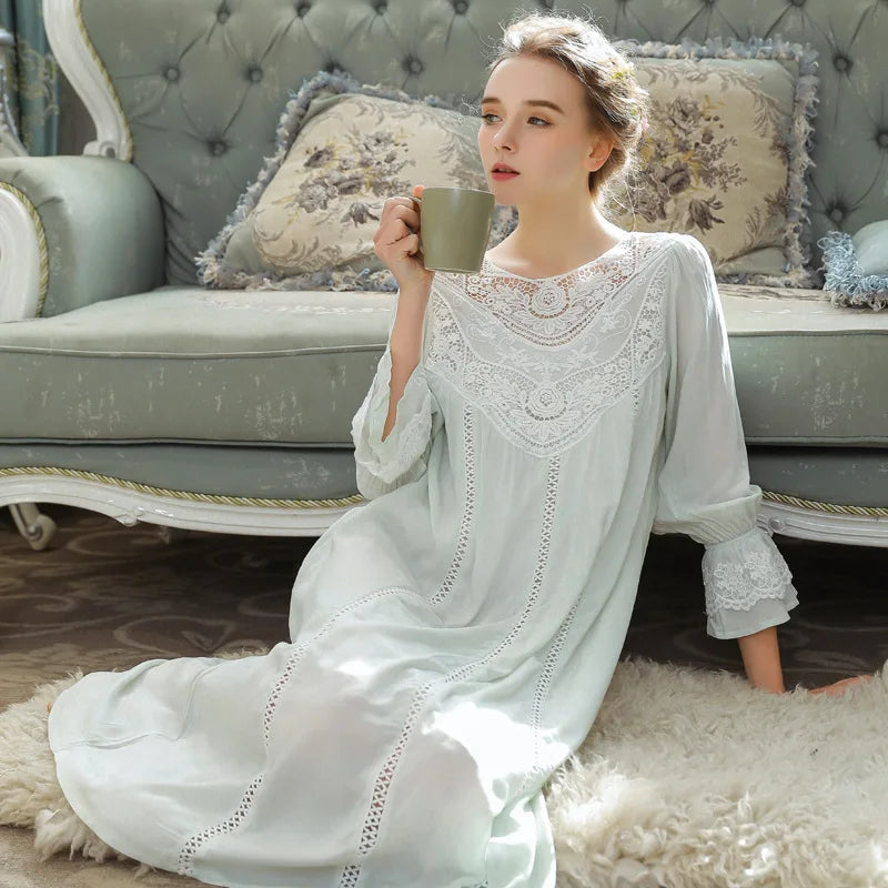 Romantic Lace Nightdress Women French Style Fairy Sleep Lace Dress Elegant Long Sleeve Cotton Nightgown Victorian Loungewear