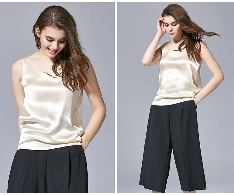 Tank Tops Women 100% Real Silk Blouse Sleeveless Shirts Satin Tunic Tops Summer Loose Casual Solid Plus Size S-XXL