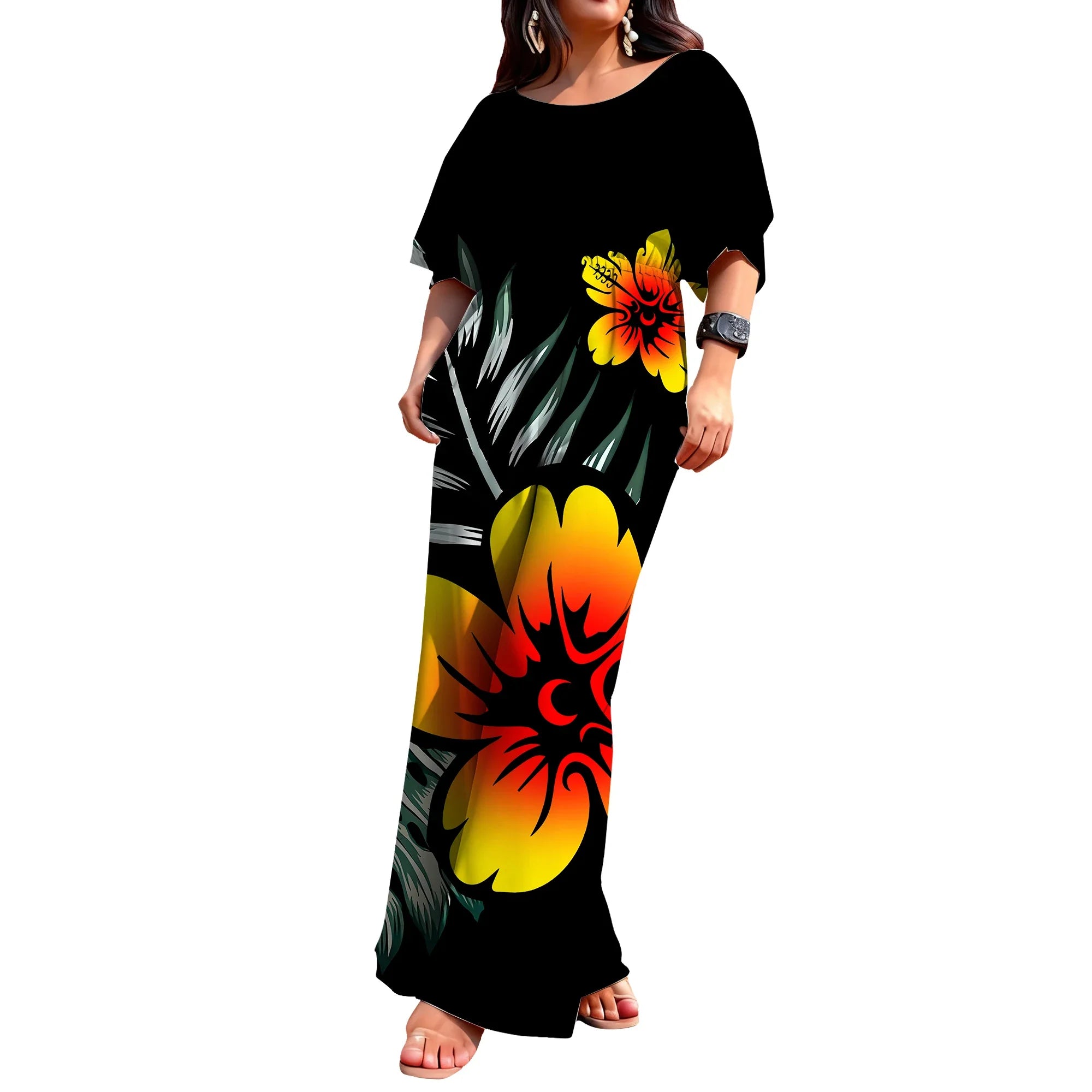 Polynesian Print Half-Sleeve Romper