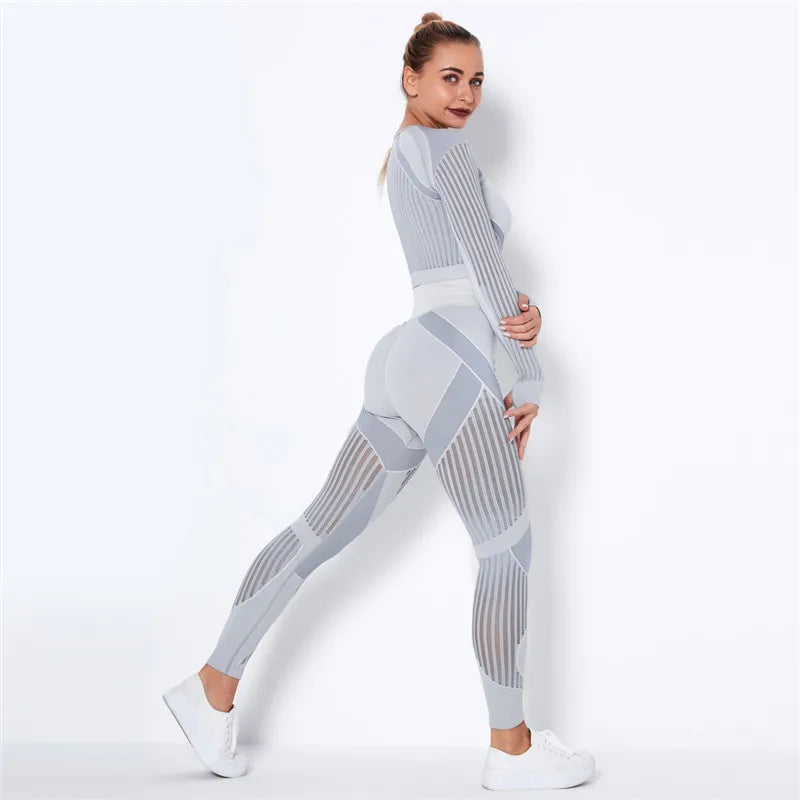 Women Workout Fitness Outfits Hollow Mesh Sports Sets Running Set High Waist Gym Sets Energy Seamless Yoga Suits New 2 Pcs Sets