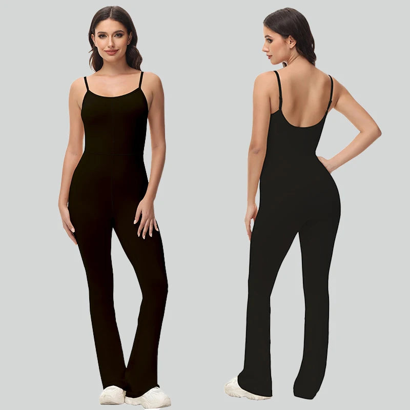 Flared V Back Yoga Jumpsuit