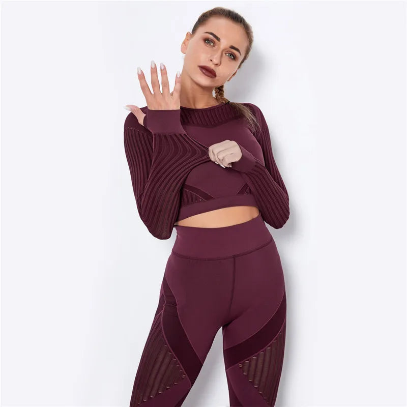 Women Workout Fitness Outfits Hollow Mesh Sports Sets Running Set High Waist Gym Sets Energy Seamless Yoga Suits New 2 Pcs Sets