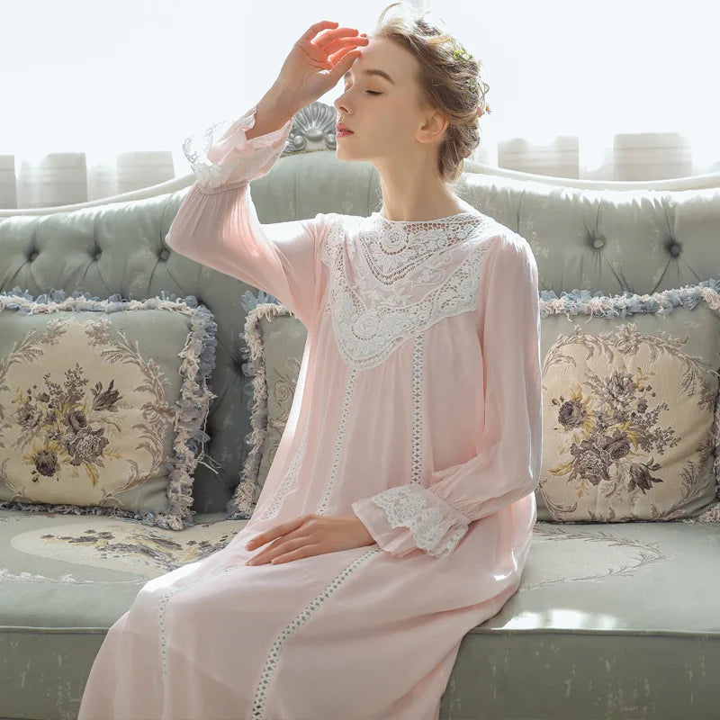 Romantic Lace Nightdress Women French Style Fairy Sleep Lace Dress Elegant Long Sleeve Cotton Nightgown Victorian Loungewear