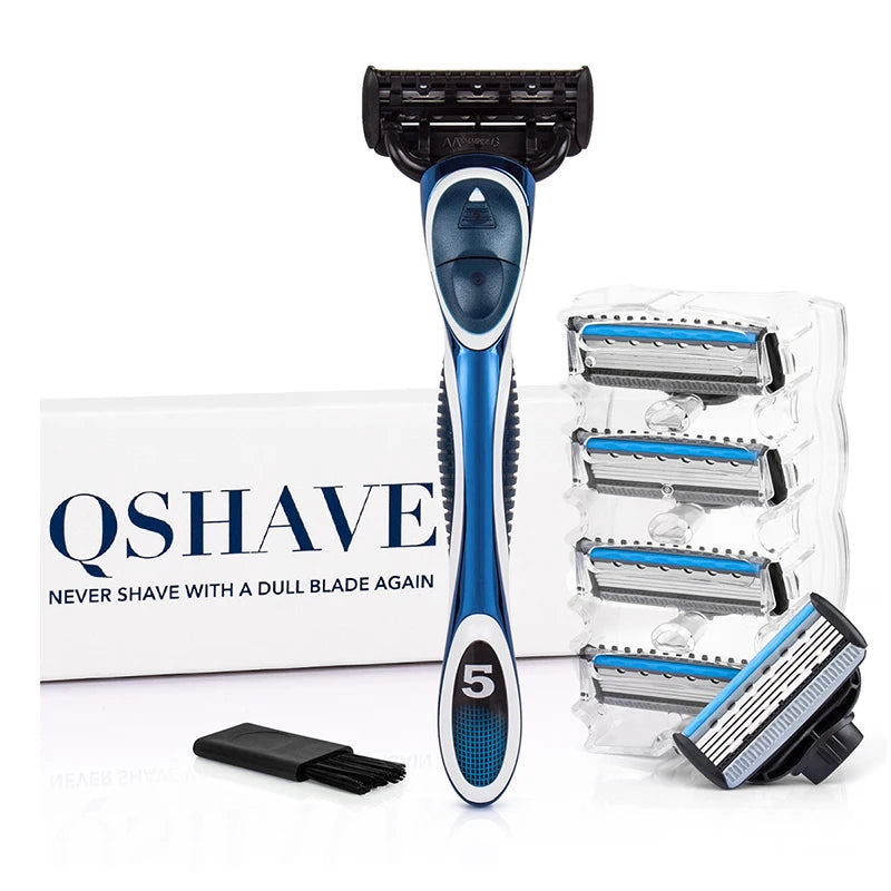 QShave Blue Series 5 Layer USA Blade Manual Razor Mens Shaving Razor with 6 Pieces X5 Blade and each Piece has trimmer Blade