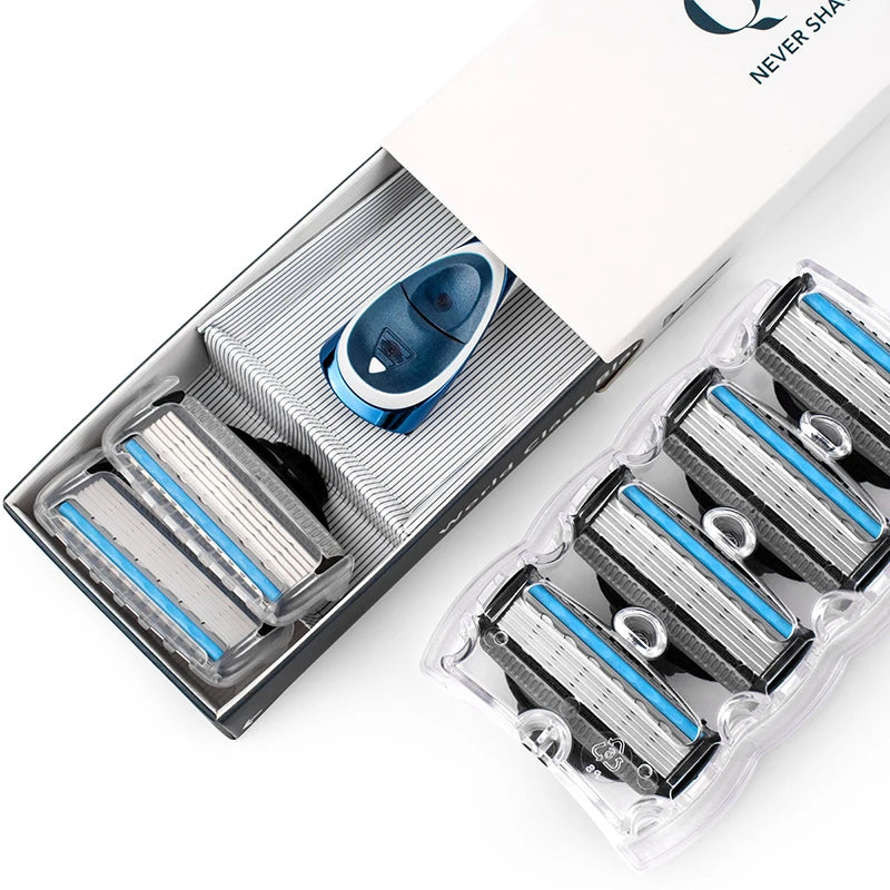 QShave Blue Series 5 Layer USA Blade Manual Razor Mens Shaving Razor with 6 Pieces X5 Blade and each Piece has trimmer Blade