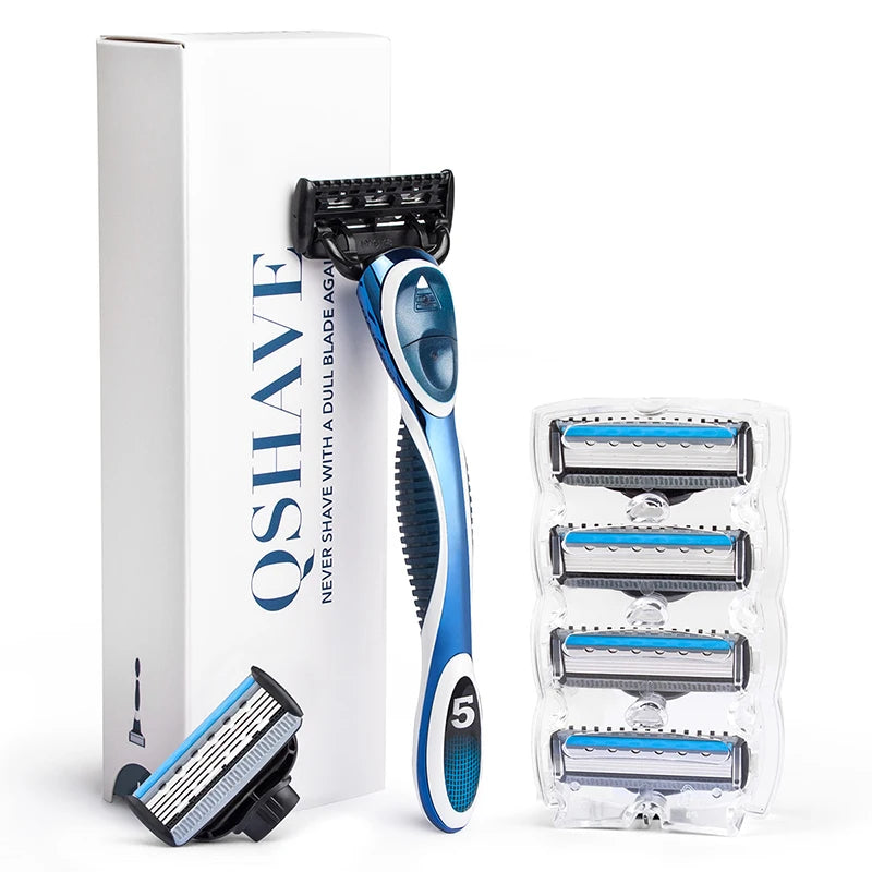 QShave Blue Series 5 Layer USA Blade Manual Razor Mens Shaving Razor with 6 Pieces X5 Blade and each Piece has trimmer Blade