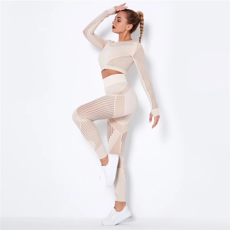 Women Workout Fitness Outfits Hollow Mesh Sports Sets Running Set High Waist Gym Sets Energy Seamless Yoga Suits New 2 Pcs Sets