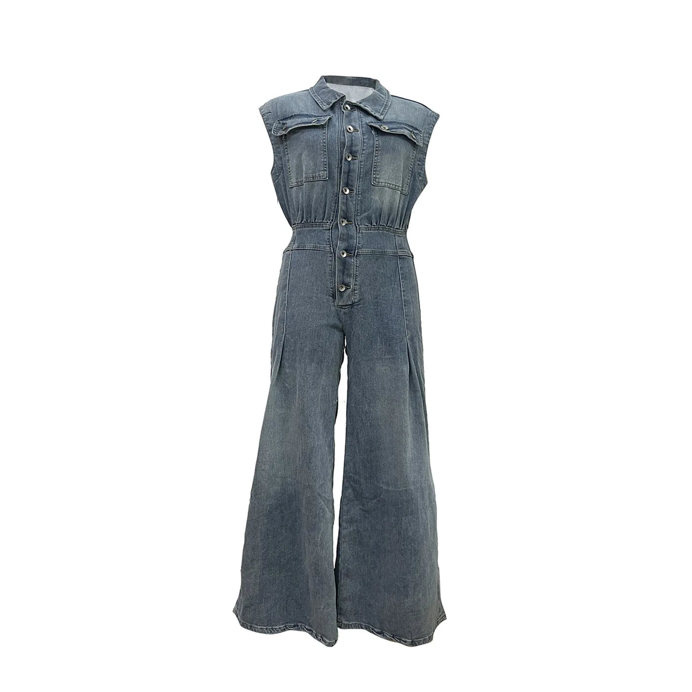 Sleeveless Wide-Leg Denim Jumpsuit