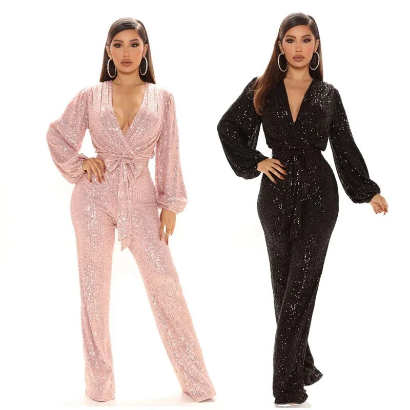 Shimmering Sequin V-Neck Glamour Jumpsuit