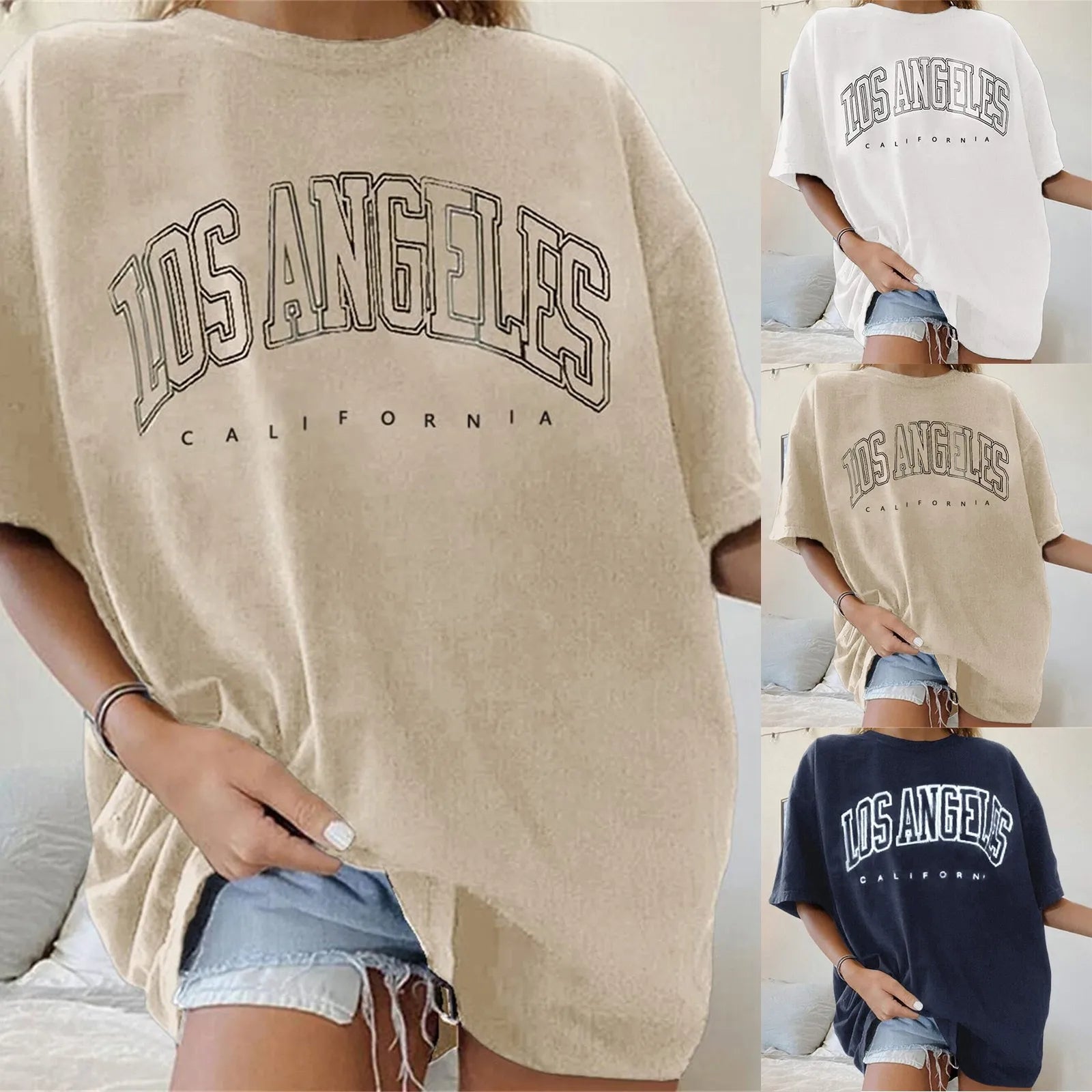 Fashion Women's T-shirts LOS ANGELES Letter Prints T Shirt Women 2021 O-Neck Oversized Loose Short Sleeve Summer Tops Streetwear
