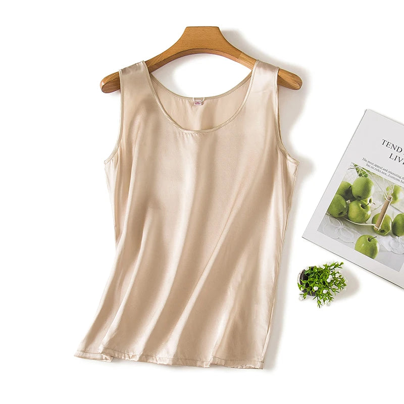Tank Tops Women 100% Real Silk Blouse Sleeveless Shirts Satin Tunic Tops Summer Loose Casual Solid Plus Size S-XXL